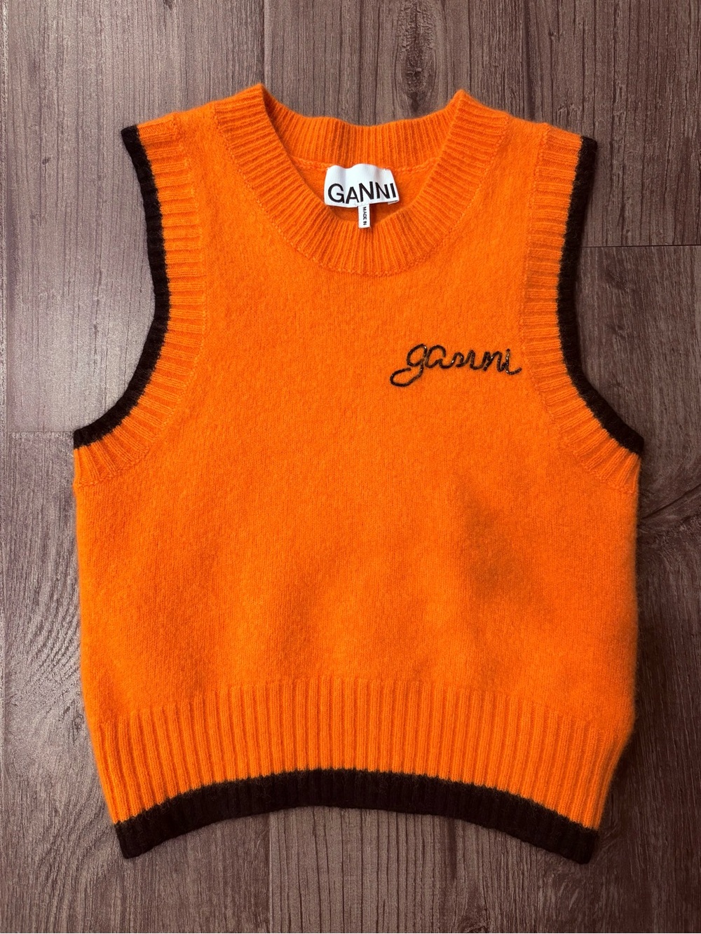 Ganni Orange Knit Sleeveless Sweater Vest with Black Trim
